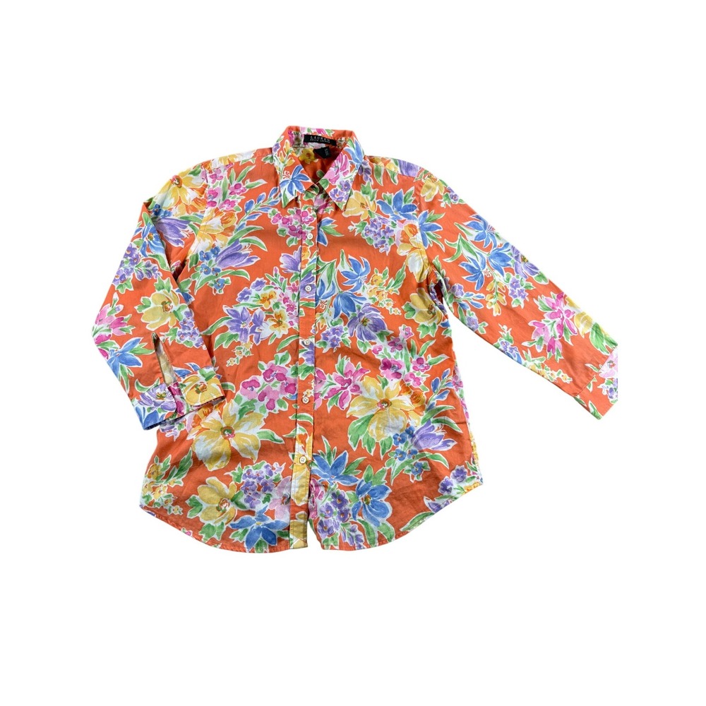Lauren‎ Ralph Lauren Orange Floral Button Down Shirt Women's Size Medium Cotton